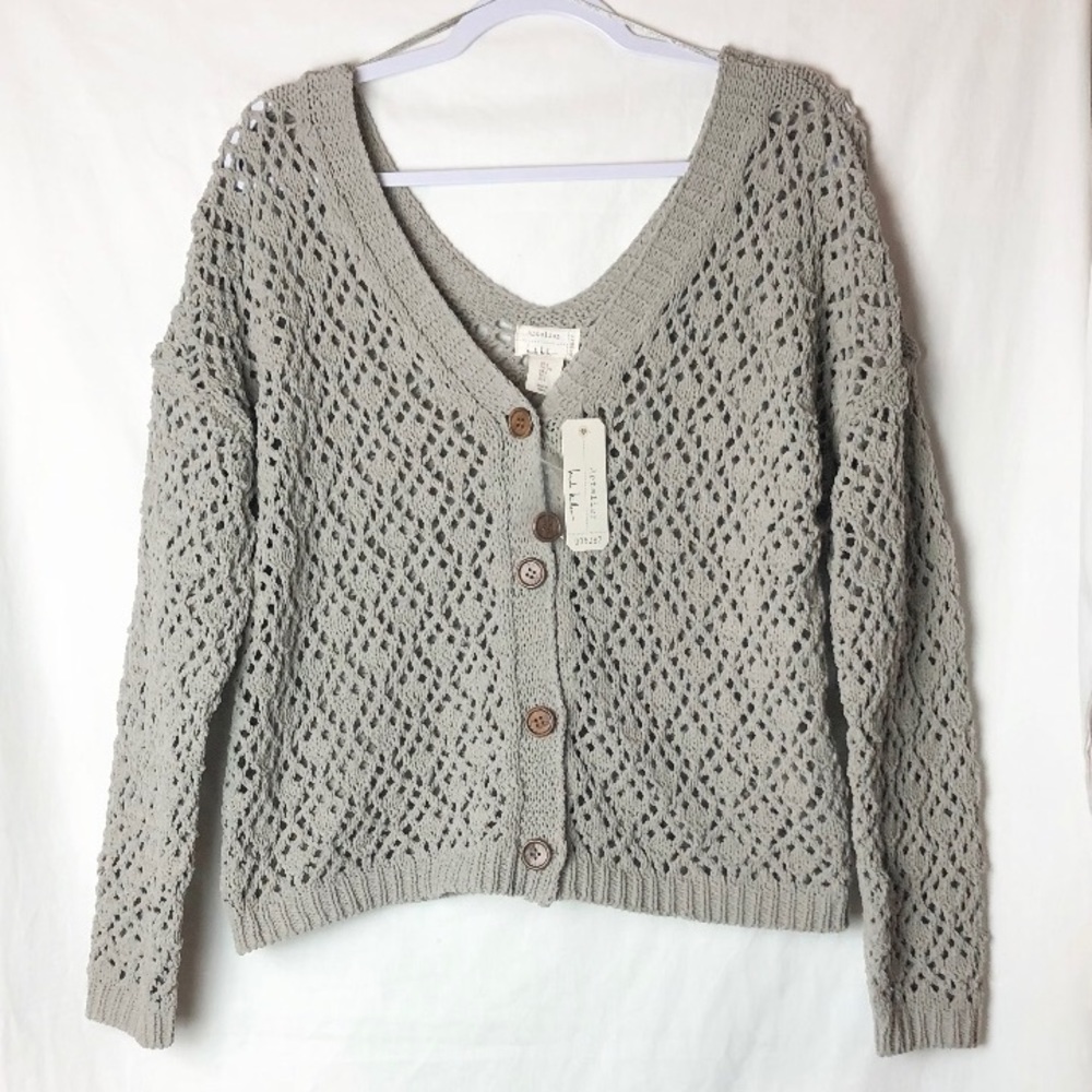 NWT! Nicole Miller Artelier Crochet Knit Button Front Taupe L Cardigan Boho Chic